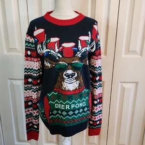 Ugly Christmas Sweater Deer Pong Crewneck - Red, Green, Blue